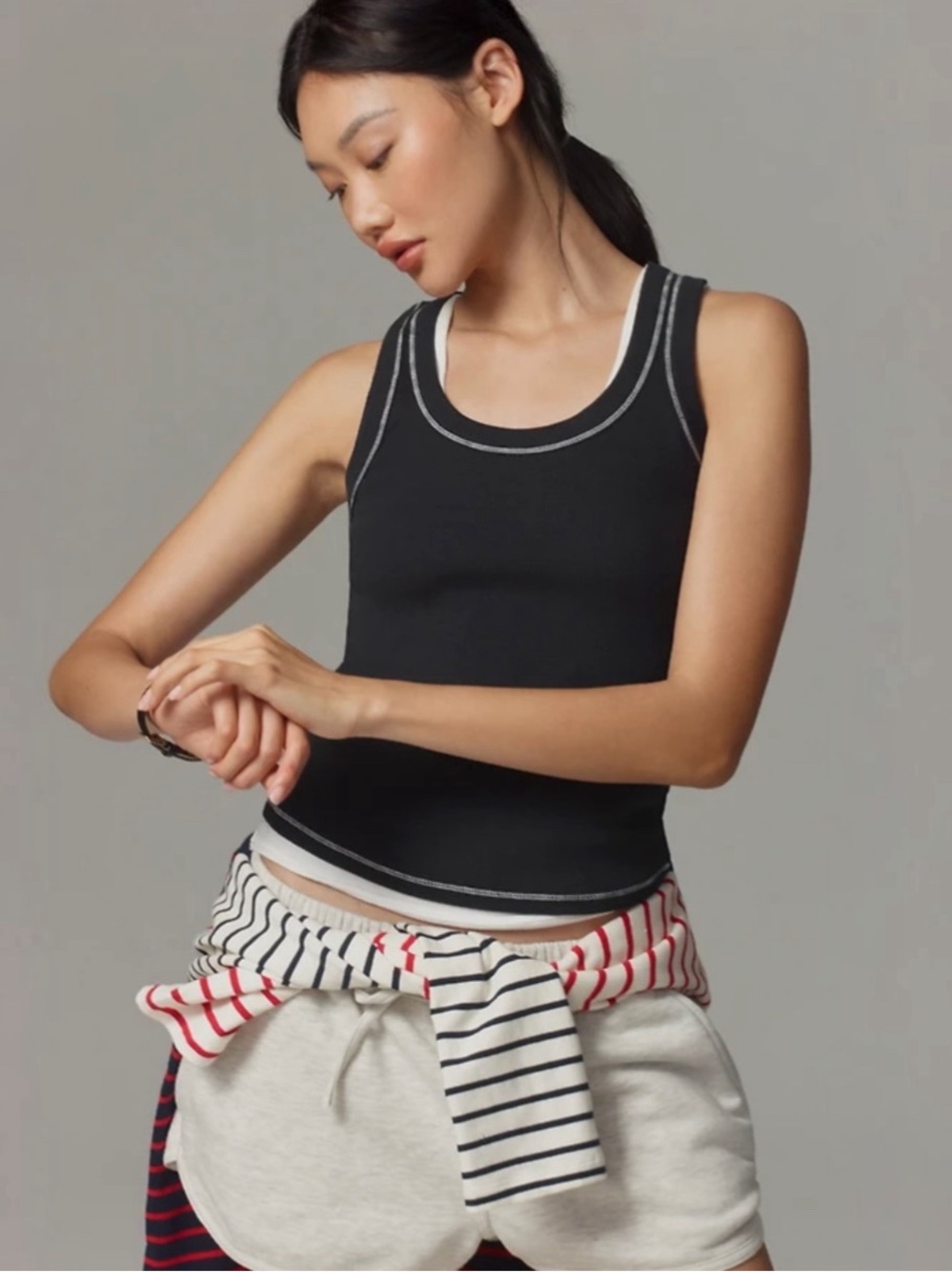 Pilcro Sunny Scoop Neck Icon Tank Black w White Contrast Stitching Sz XS Ribbed